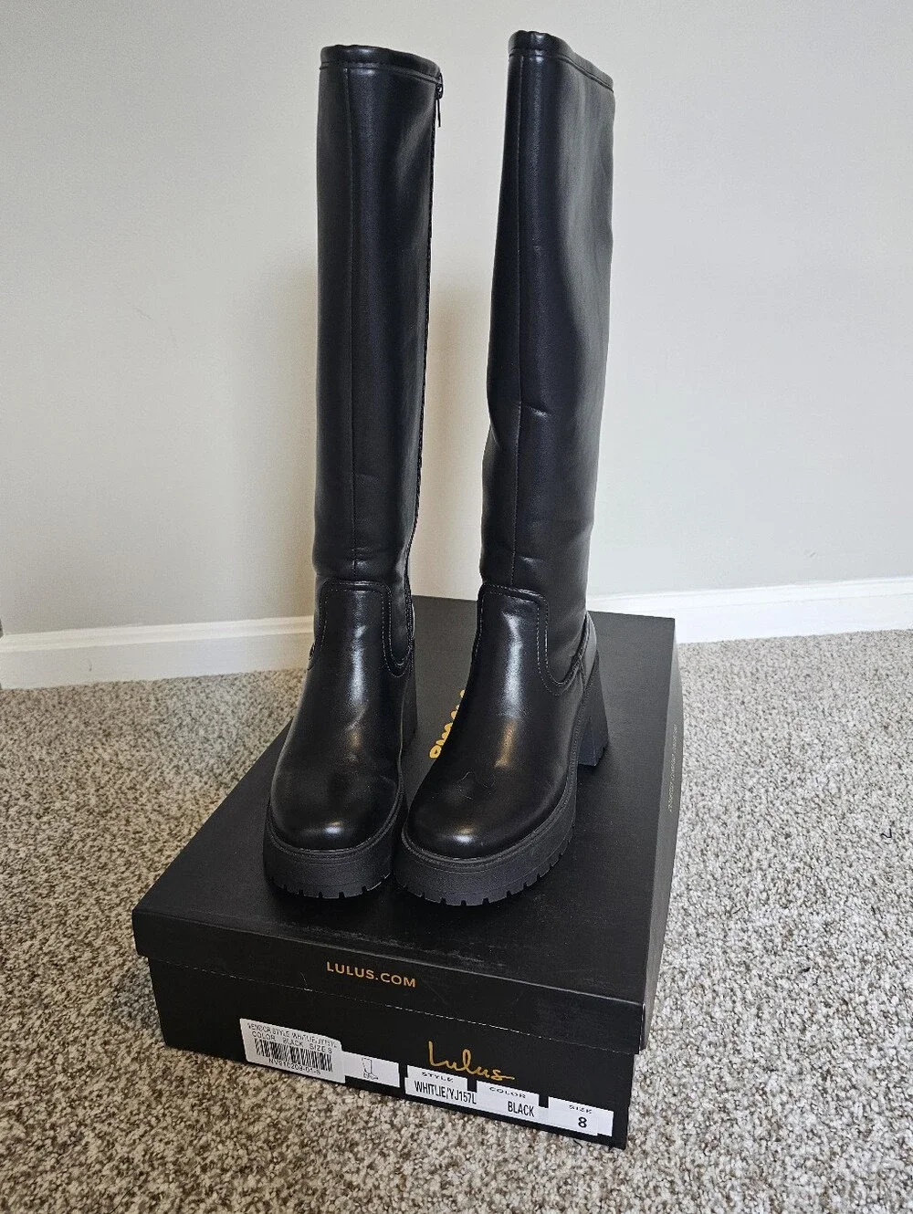 Lulus Whitlie Black Platform Knee-High Lug Sole Boots Size 8